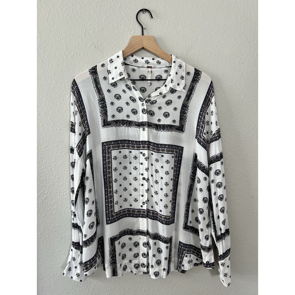 Free People Western Cowgirl White Blue Scarf Printed Oversized Boho Shirt XS